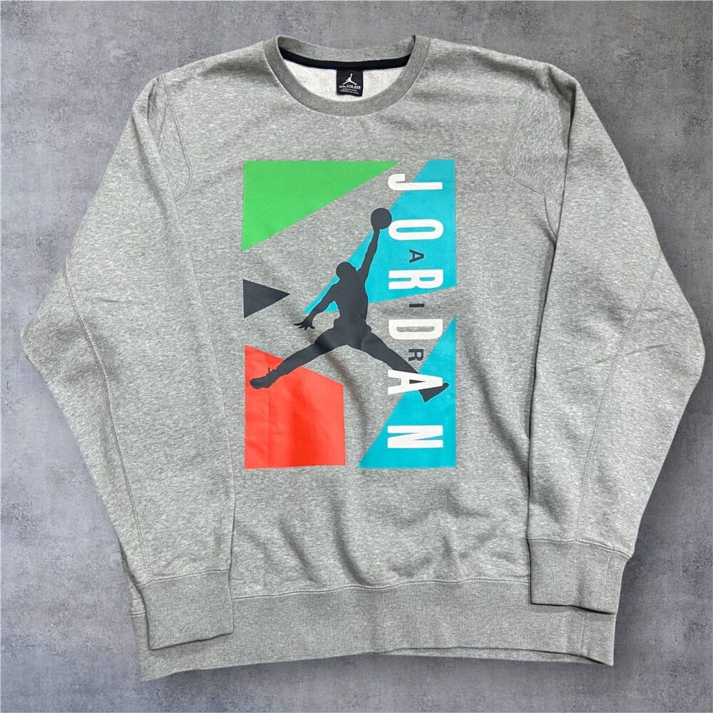 Jordan Block Fleece Crewneck Sweatshirt Gray Multi Cotton Blend Men's Size XXL